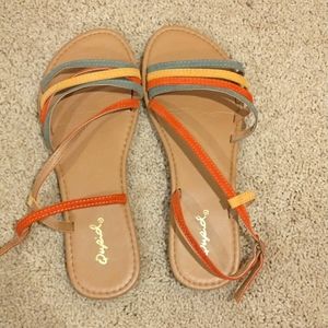 Sandals, size 7.5, color is tan, yellow, green and orange